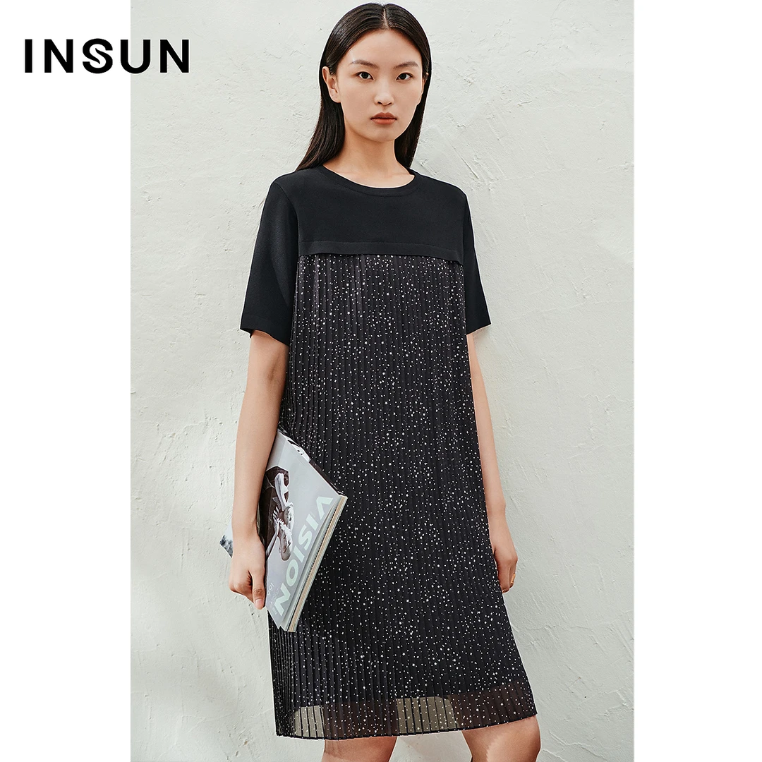 [一秒入夏]INSUN恩裳专选夏季冰丝压褶拼接雪纺连衣裙