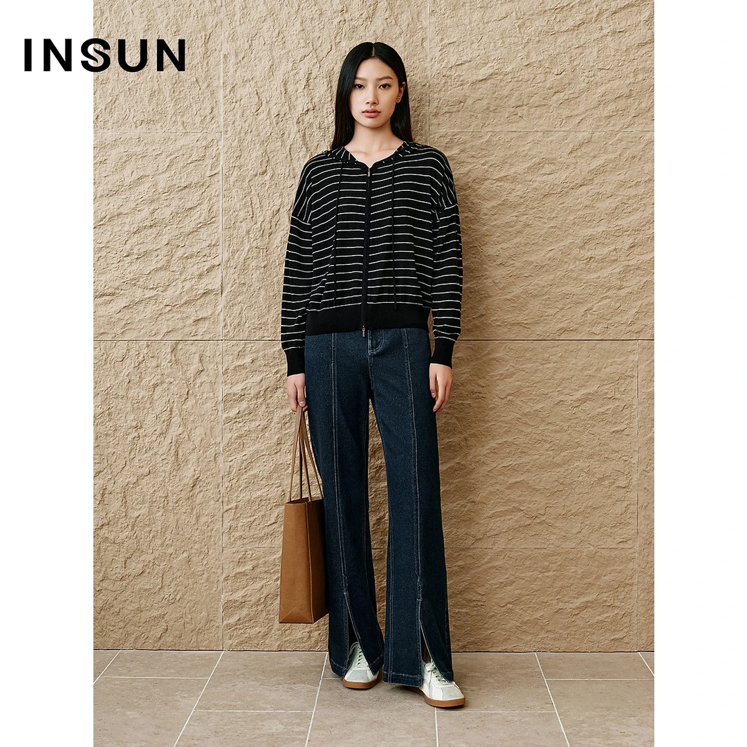 [新派简约]INSUN恩裳专选2025春莱赛尔亚麻条纹双拉链连帽针织衫