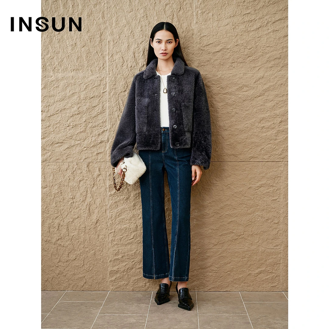 INSUN恩裳专选冬季时髦短款翻领皮草外套