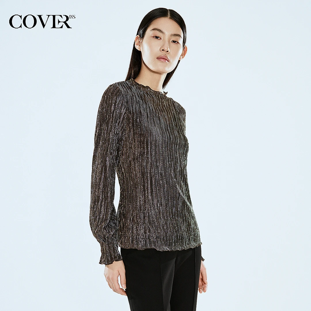 [新派简约]COVERINS木耳边金属质感褶皱亮丝上衣
