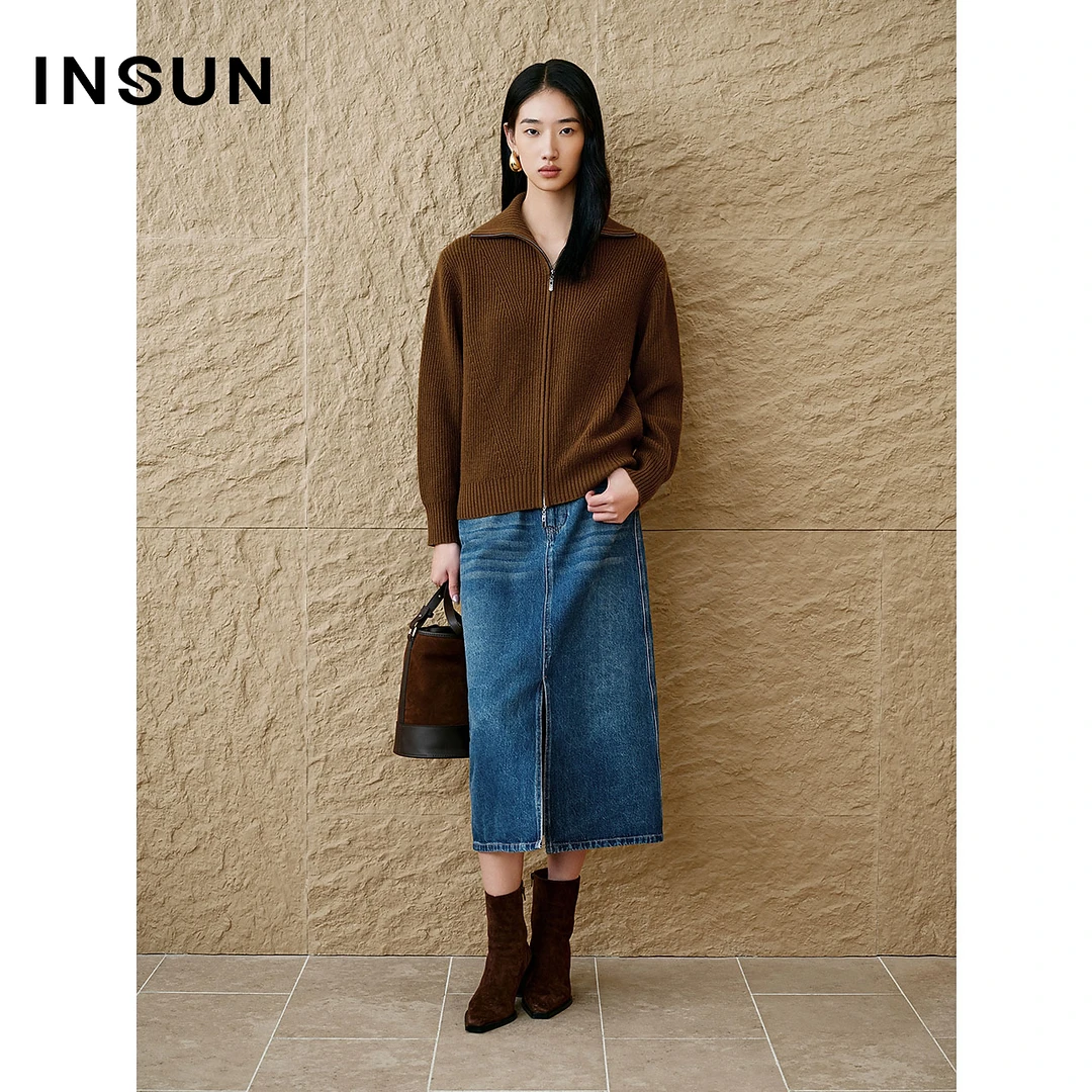 INSUN恩裳专选冬季雅丹风翻领坑条针织衫开衫