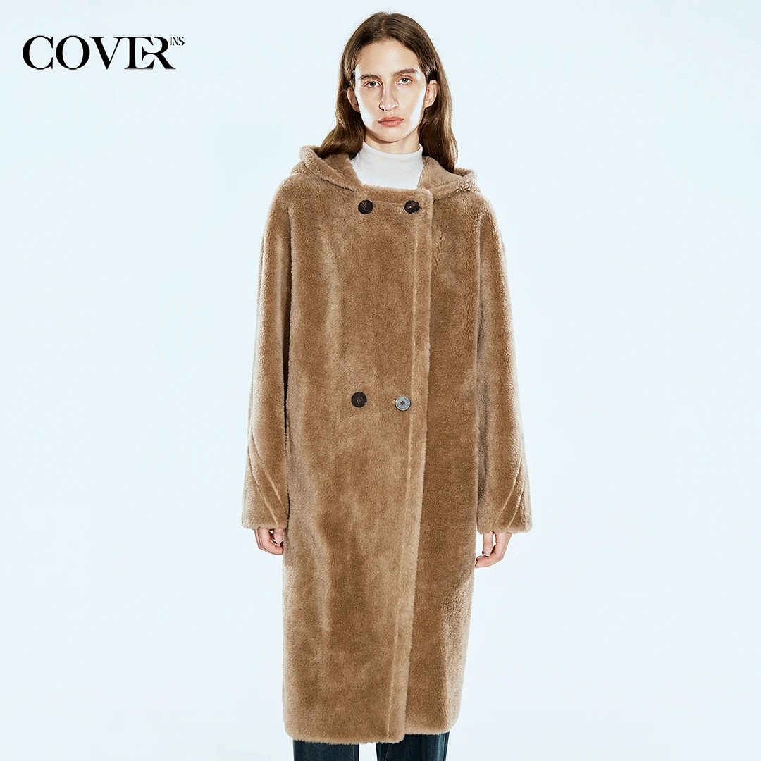 COVERINS冬季美拉德羊剪毛双排扣连帽大衣