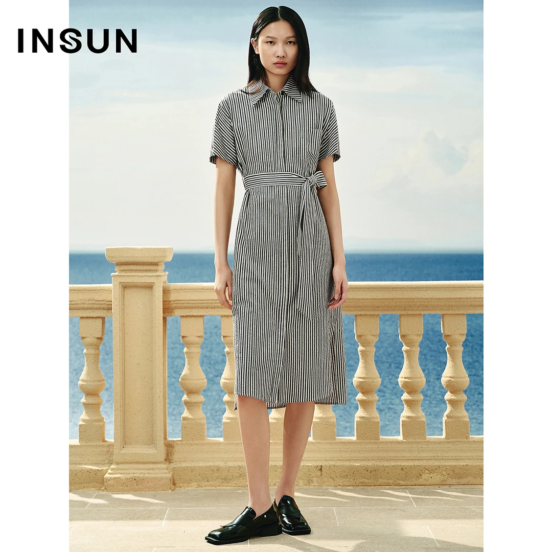 [一秒入夏]INSUN恩裳专选夏装休闲翻领系带条纹衬衫连衣裙