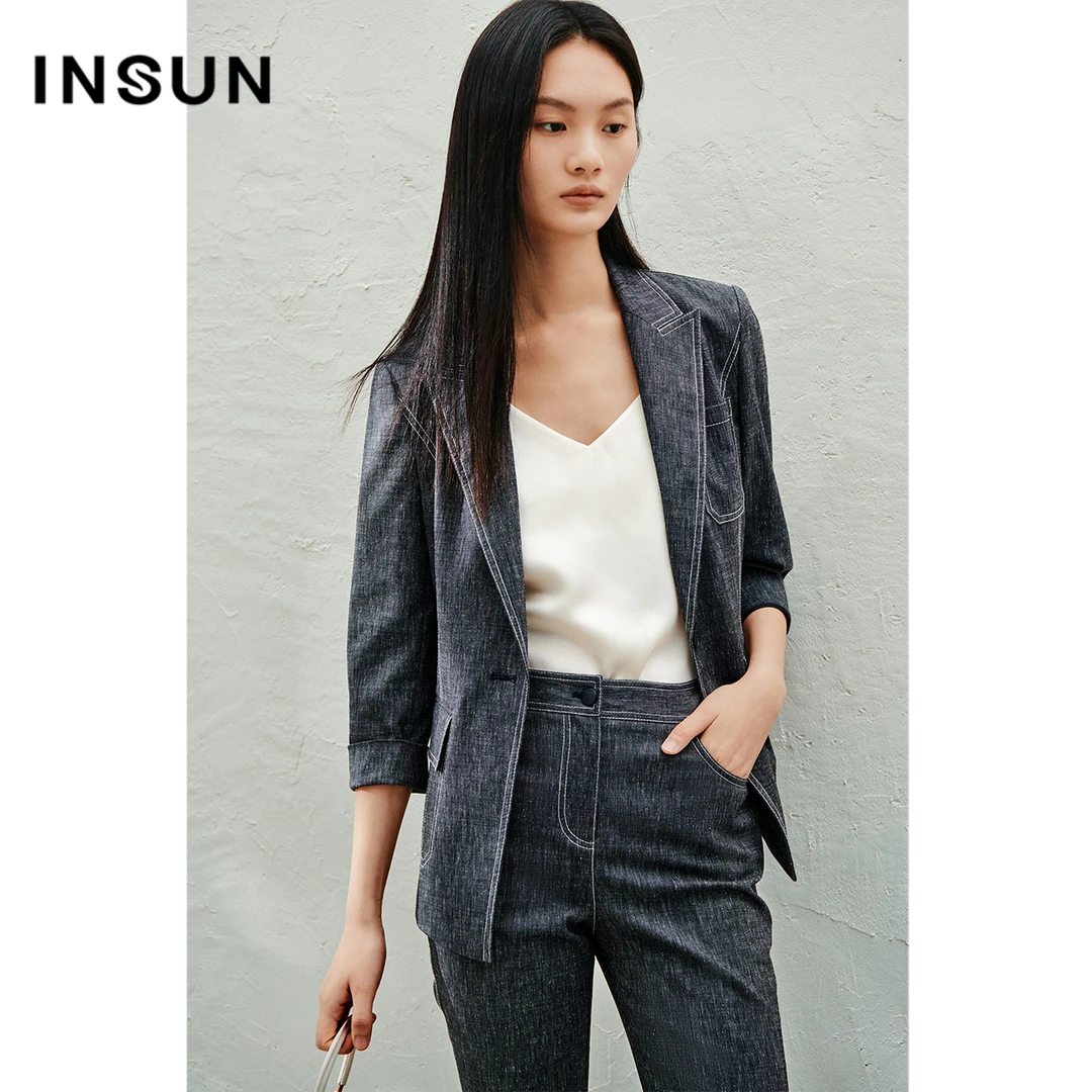 INSUN恩裳春格雷系格雷系简约凿石灰明线装饰亚麻肌理西装外套