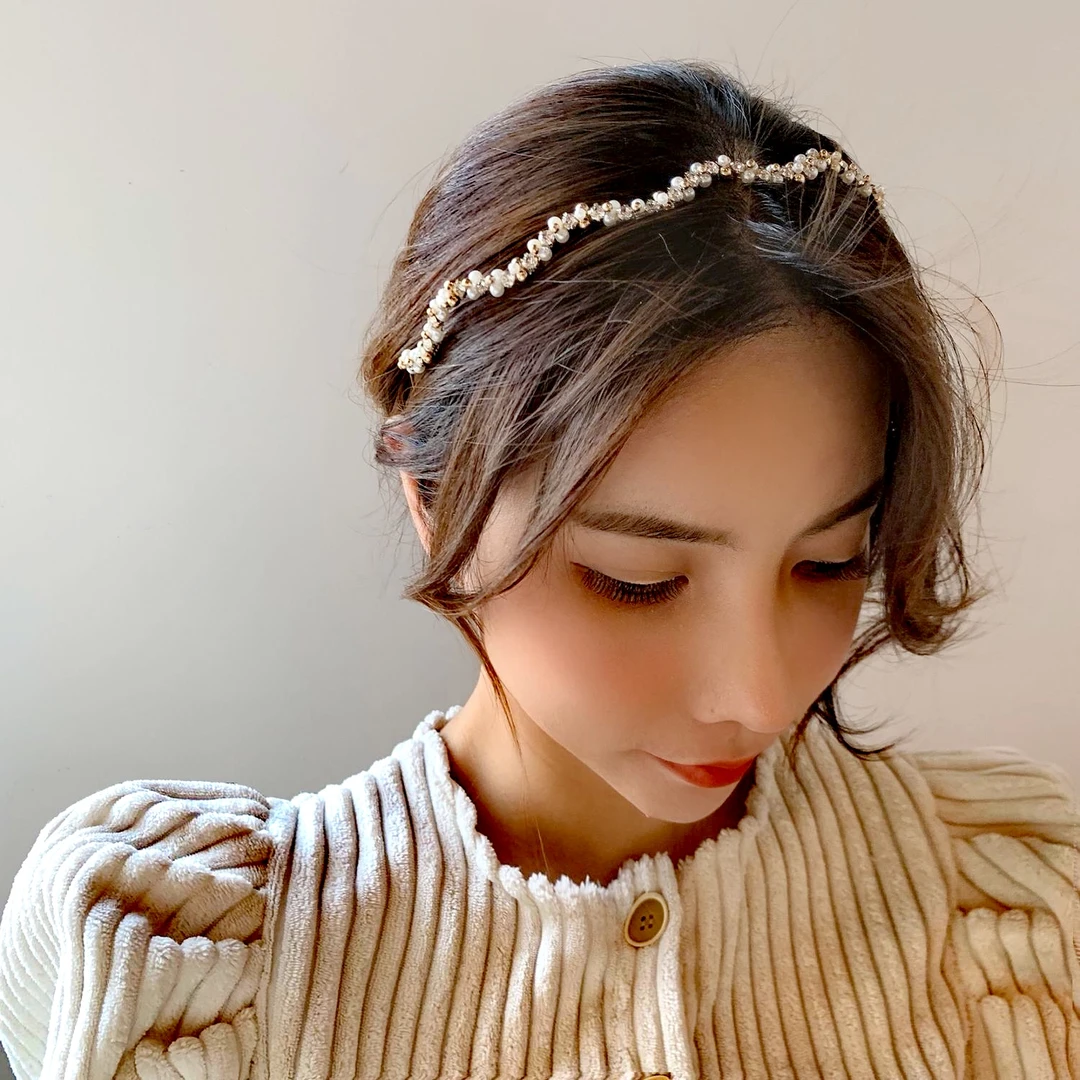 朵曲 合金发饰 高级感水钻珍珠波浪发箍女夏薄款仙气发卡压发头箍