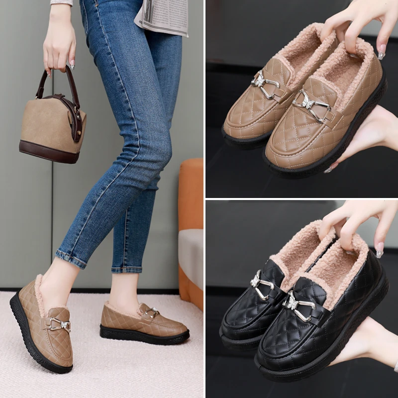 意迪森女鞋棉鞋2024冬季新款加绒外穿豆豆鞋软底懒人一脚蹬乐福鞋