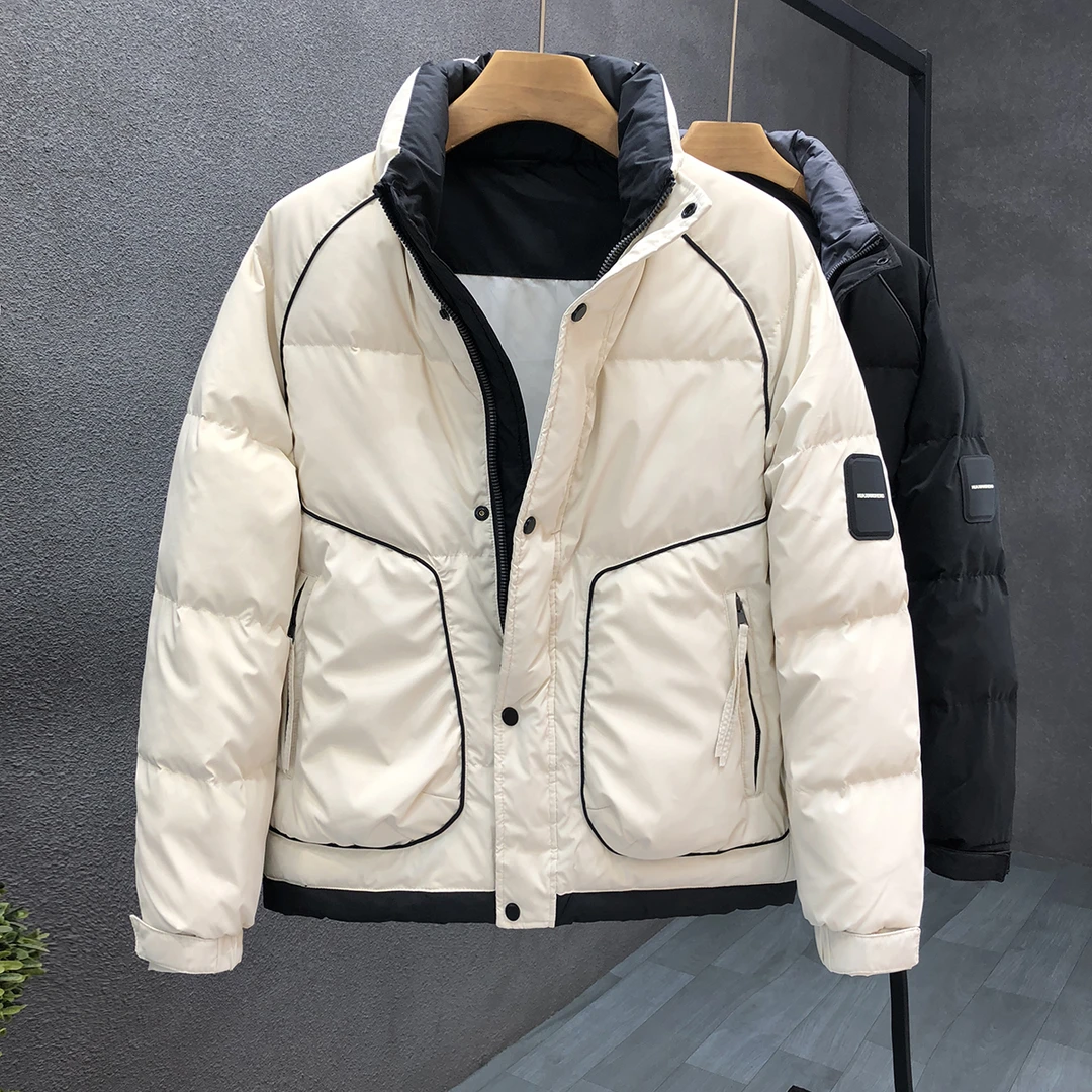 简约流行米白色羽绒服男立领轻薄保暖外套2023冬季新款男士厚上衣