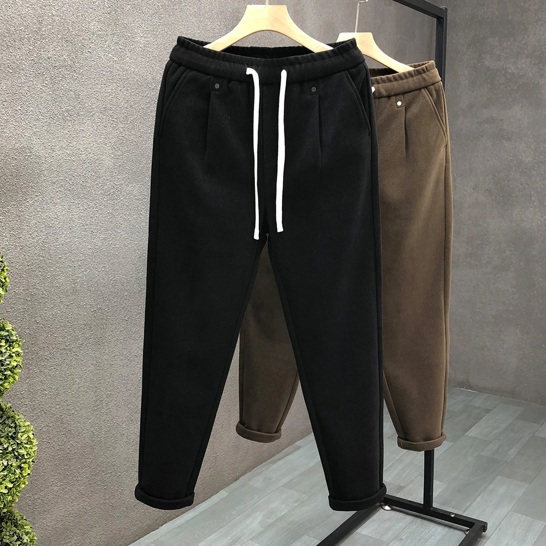 高端加绒加厚裤子男款冬季直筒长裤2023年新款男士保暖哈伦休闲裤