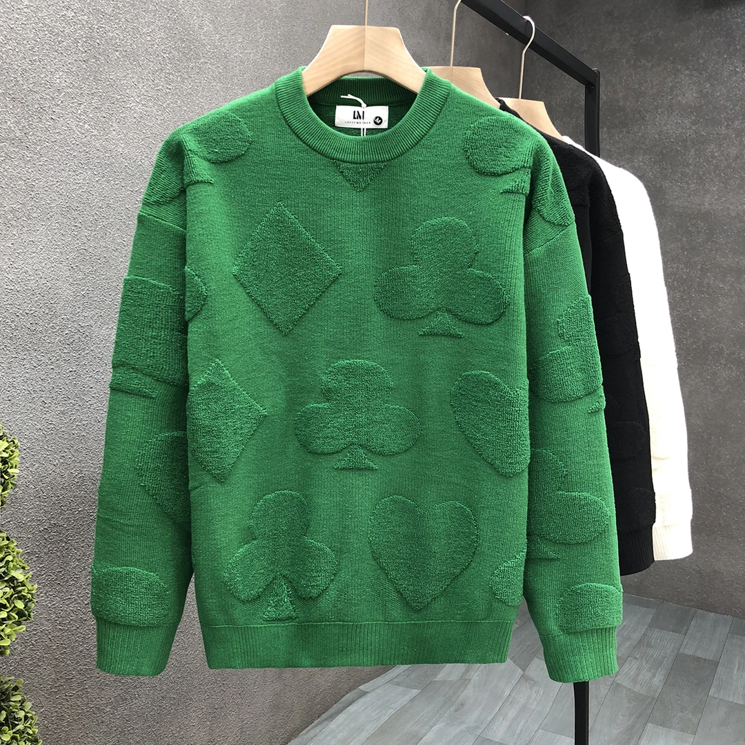洋气绿色毛衣男潮高级感圆领保暖针织衫2023秋冬季新款男士打底衫