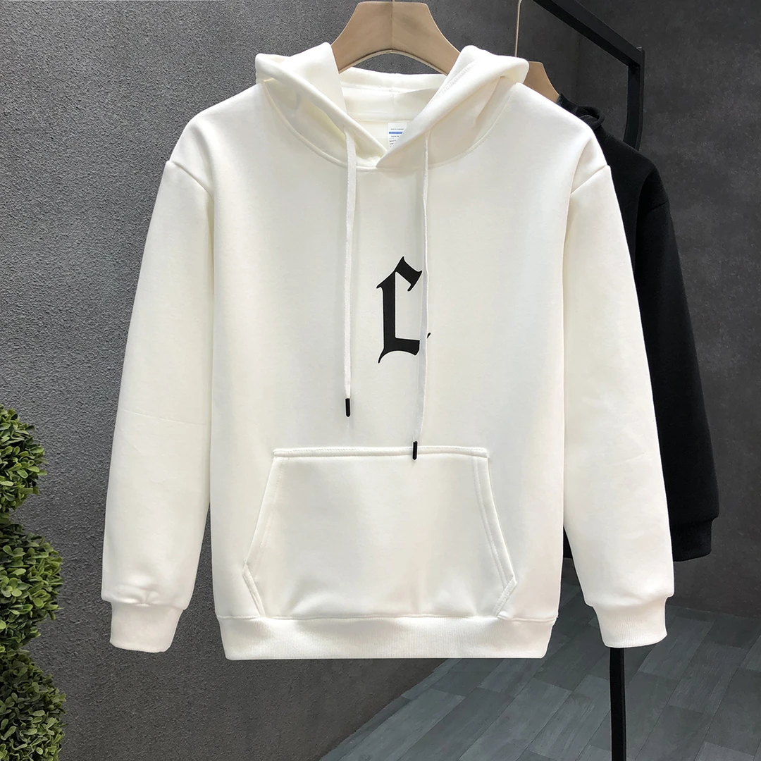 白色连帽加绒卫衣男春秋款长袖上衣2023秋冬季新款男士时尚打底衫