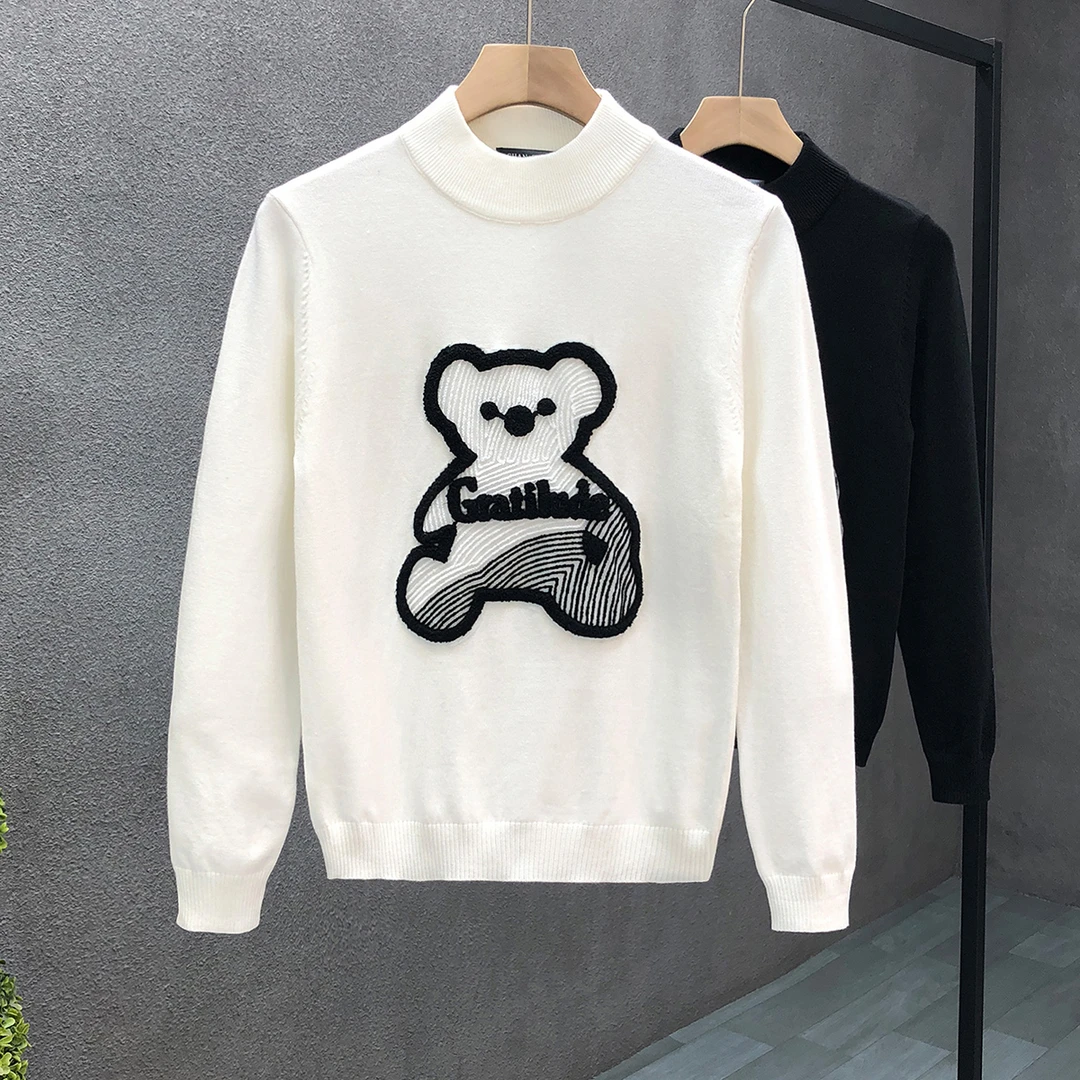 卡通小熊刺绣毛衣男潮牌半高领针织衫2023冬季新款男士中领打底衫