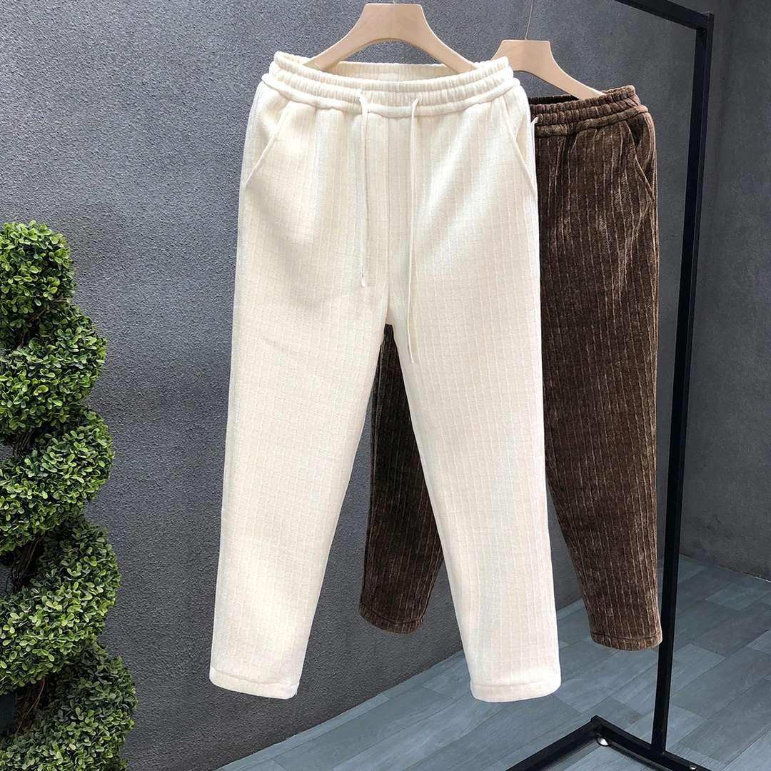 高端加绒裤子男款冬季加厚保暖休闲裤2023新款男士暗条纹直筒长裤