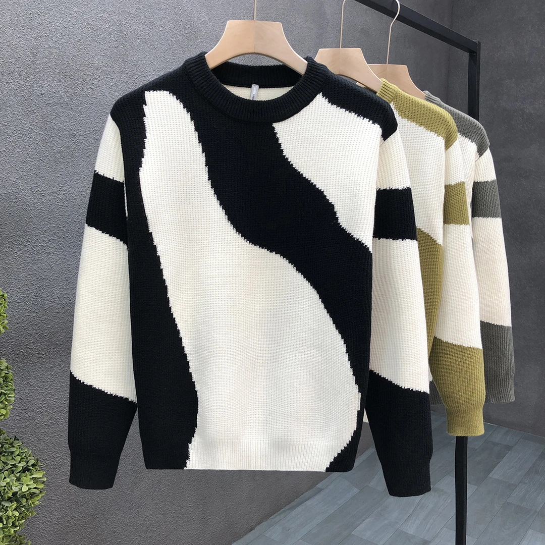 高端撞色毛衣男潮牌宽松内搭针织衫2023秋冬季新款男士保暖打底衫