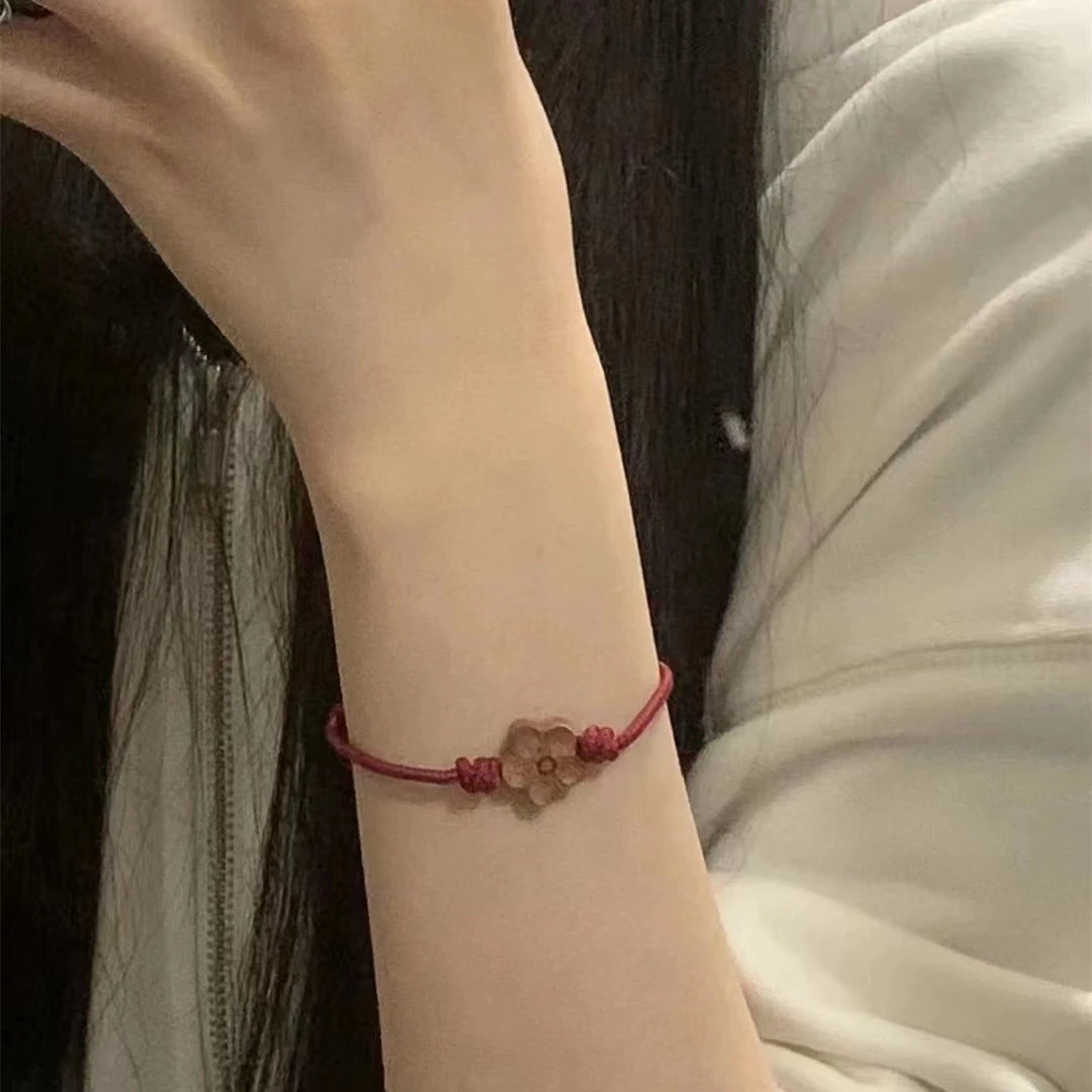 潮流同款桃木手链小花手绳女手工编织转运保平安桃花红绳 送礼物