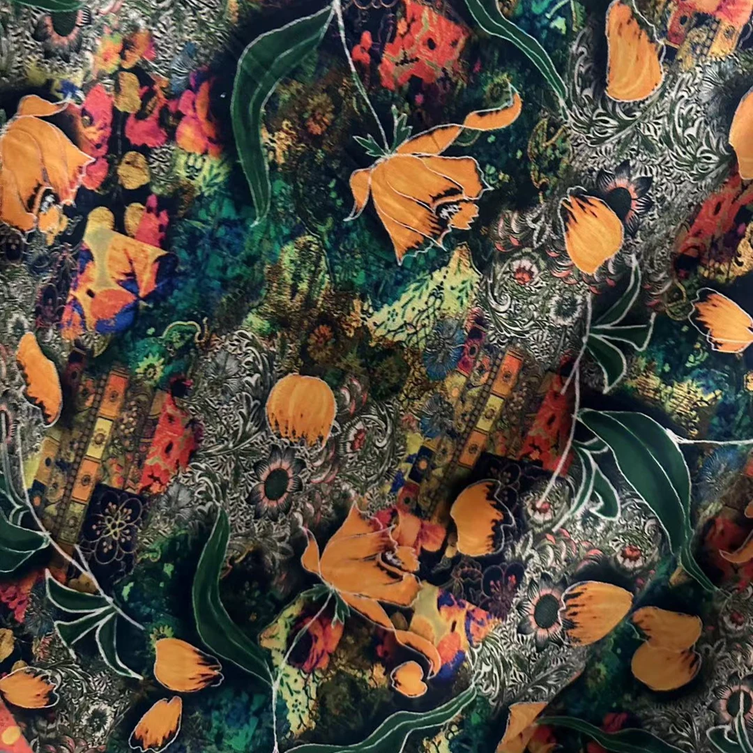 微瑕〔香云纱棉缎〕染底贡缎数码印花布料 漫野郁金香