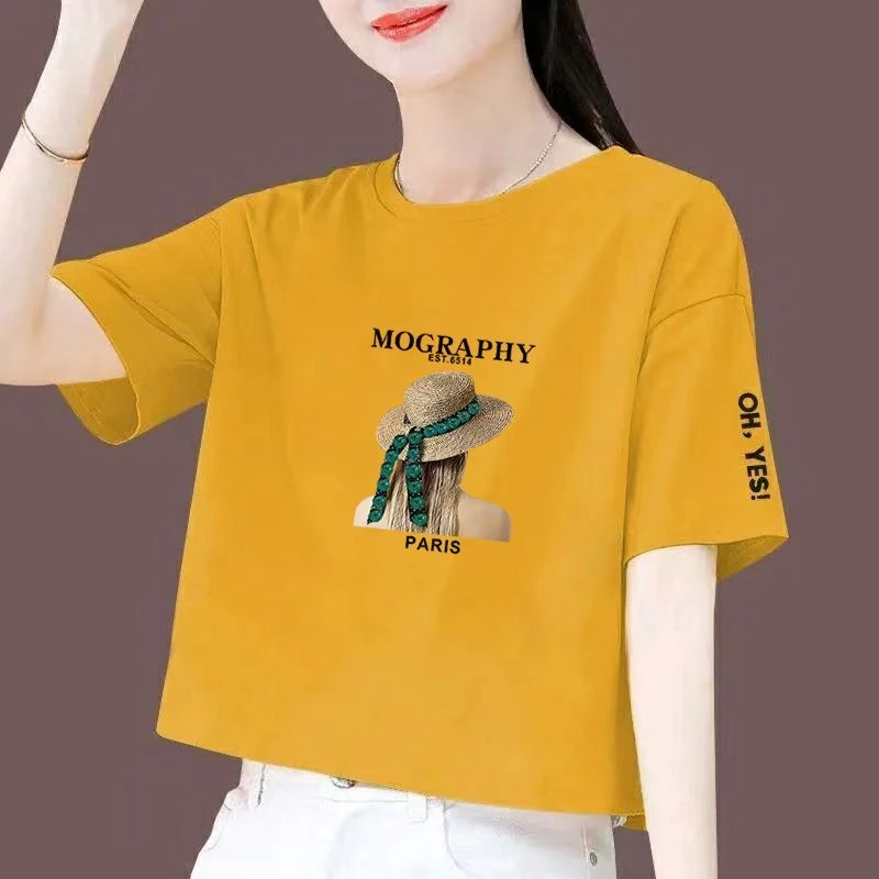 100纯棉短袖体恤女洋气新款夏季宽松显瘦印花t恤短款上衣女体恤衫