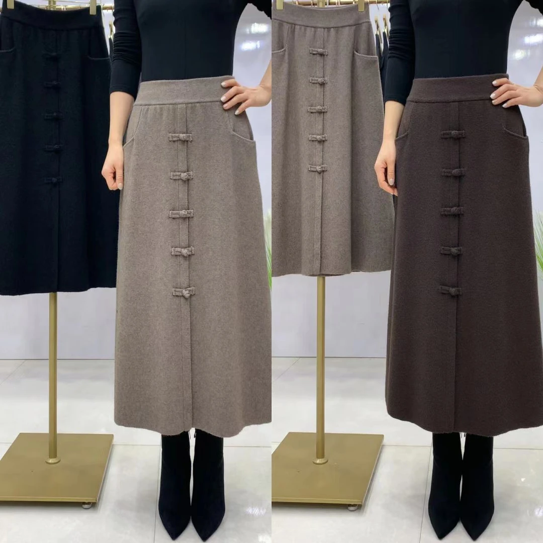 秋冬新款时尚气质纯色高腰弹力中间盘扣口袋直筒A字半身裙9666#