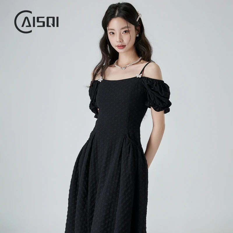 柴十七黑色长裙法式气质露肩连衣裙女夏季2024新款赫本风提花裙子