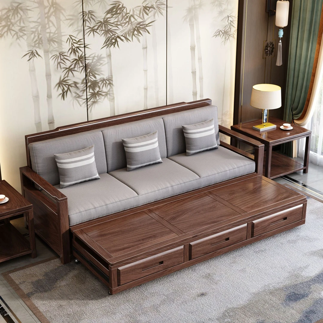 中式家用实木沙发拉床黑胡桃木小户型高箱储物冬夏两用客厅沙发