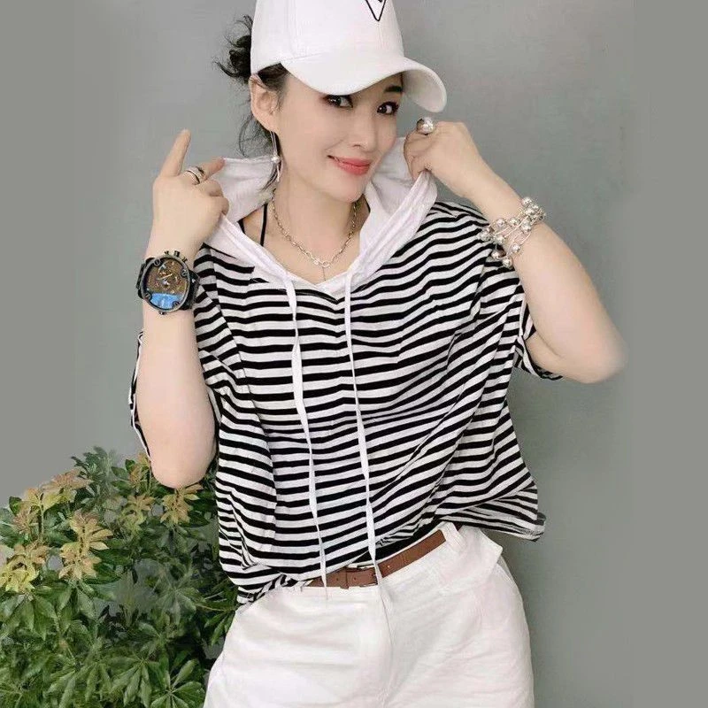 欧货纯棉连帽条纹t恤女夏季洋气宽松显瘦减龄短袖女韩版2024新款