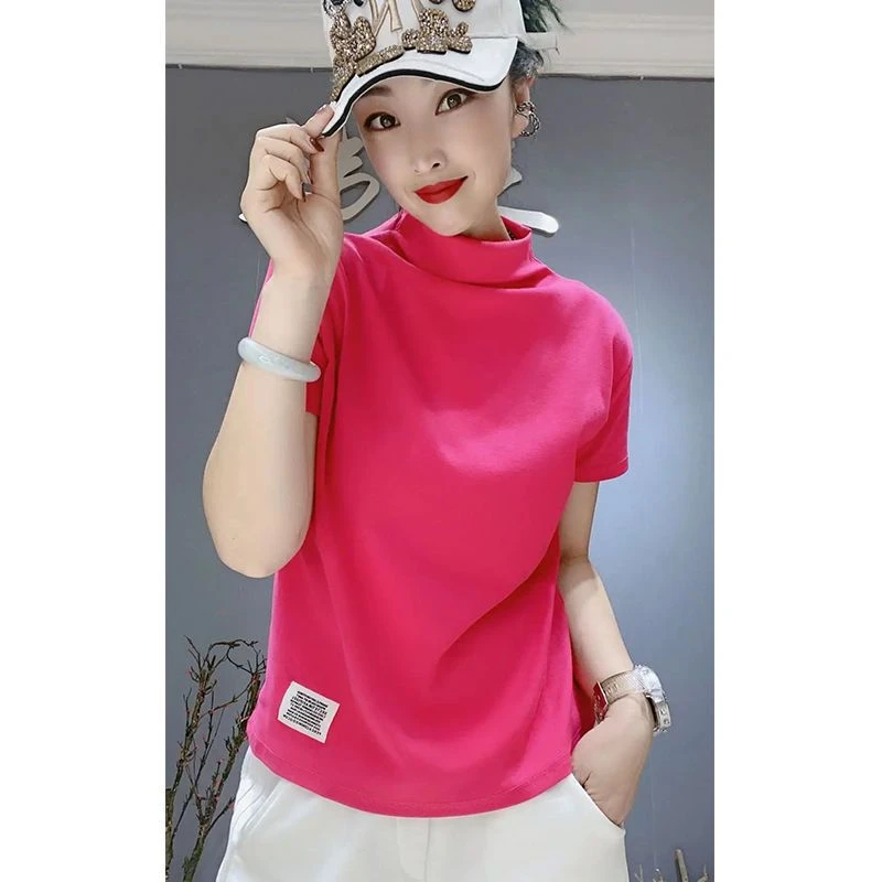 欧洲站2024春夏季时尚洋气纯色半高领短袖T恤女百搭宽松休闲上衣