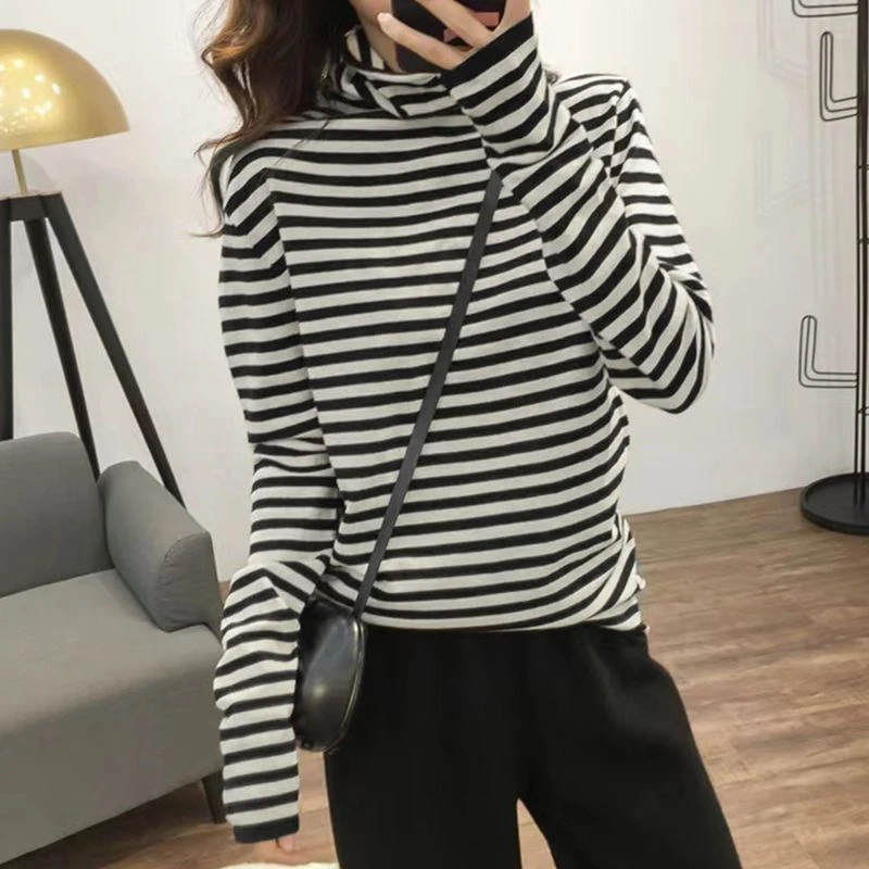 欧洲站秋冬新款纯棉经典条纹内搭打底衫女加绒加厚保暖卫衣女潮