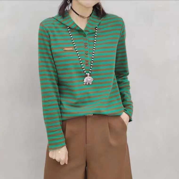 春秋季新款秋冬撞色连帽卫衣女洋气时尚洋气通勤纽扣长袖打底小衫