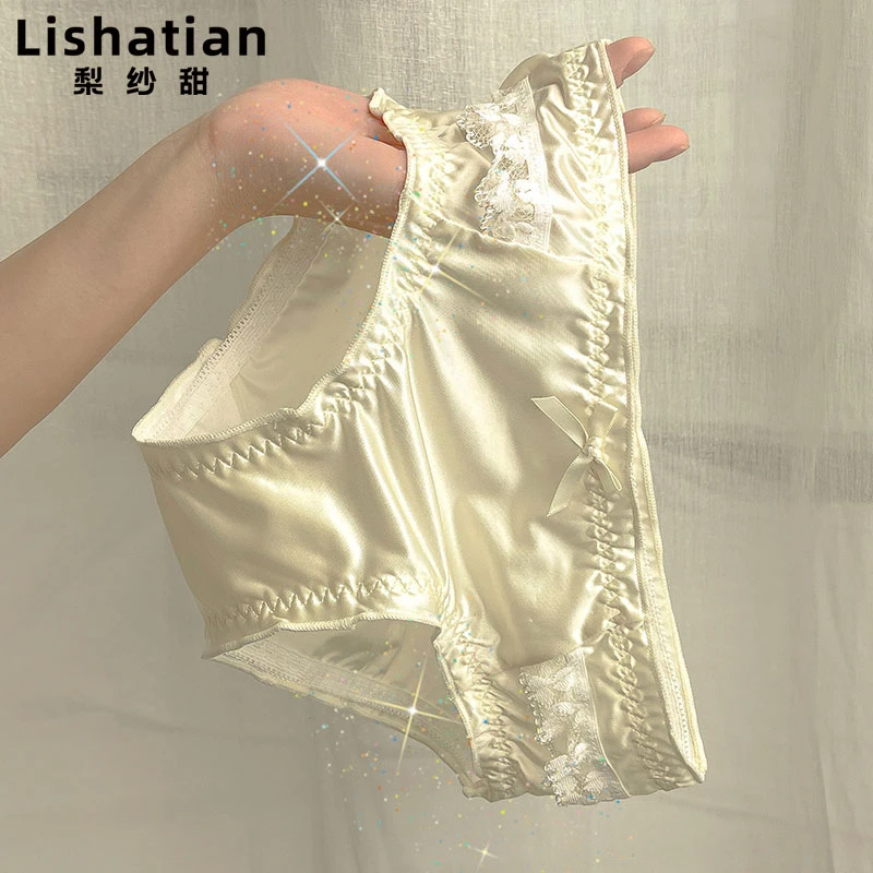 梨纱甜原创缎面丝滑性感内裤女秋冬薄款舒适荷叶边低腰三角裤头