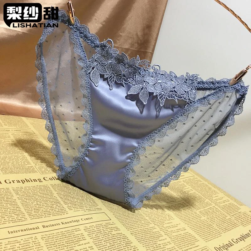 欧美性感时尚缎面蕾丝内裤女款立体绣花镂空透明诱惑女士三角裤头