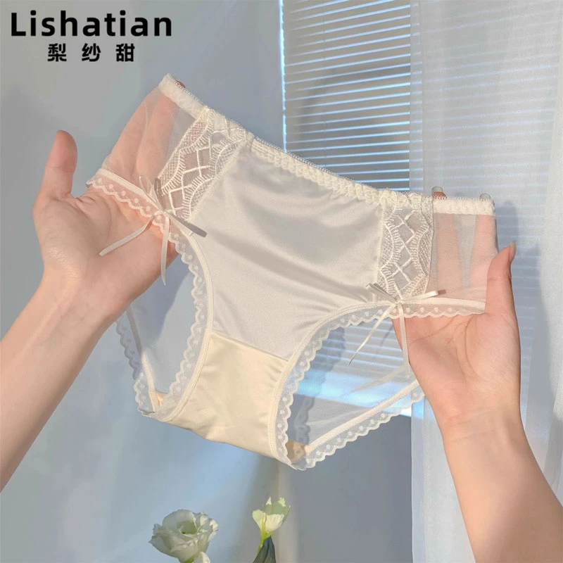 月色旖旎~法式缎面女生纯欲性感网纱女士蕾丝绑带内裤女三角裤头