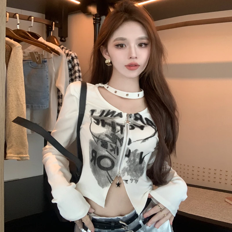 美式y2k辣妹挂脖长袖t恤女秋设计感小众v领短款上衣不规则打底衫