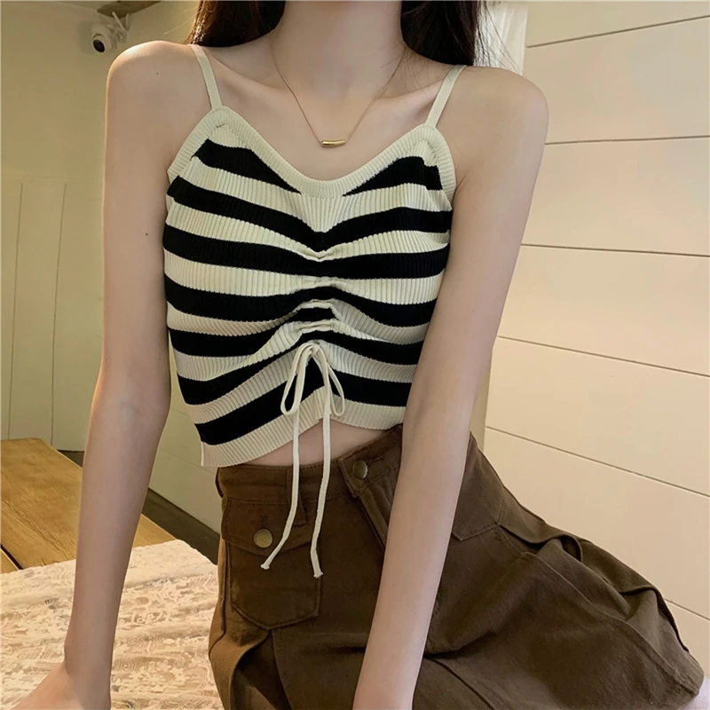韩版设计感小众外搭条纹针织吊带抽绳上衣百搭修身内搭打底背心女