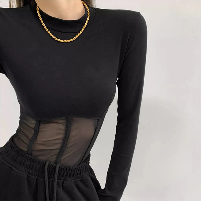 性感甜辣妹纯欲穿搭内搭紧身打底衫女春秋网纱黑色爵士跳舞蹈上衣