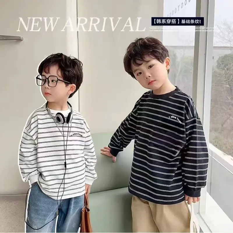 儿童春秋季儿童新款时尚潮流韩系童装单上衣韩版条纹百搭卫衣1