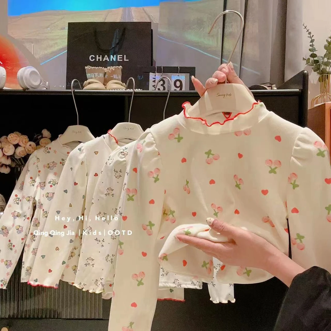 儿童女宝花边时尚T恤长袖春秋款打底衫洋气