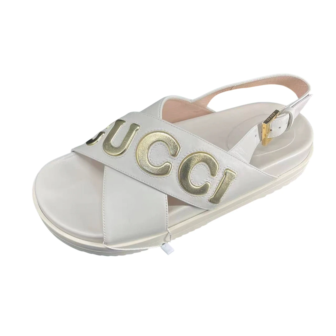 99新 GUCCI/古驰 女士白色金标logo时尚潮流夏季百搭平底凉鞋