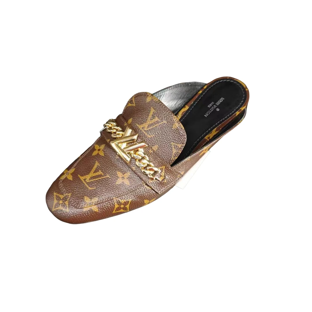 99新 LouisVuitton/路易威登 女士棕色满印经典休闲时尚穆勒半拖