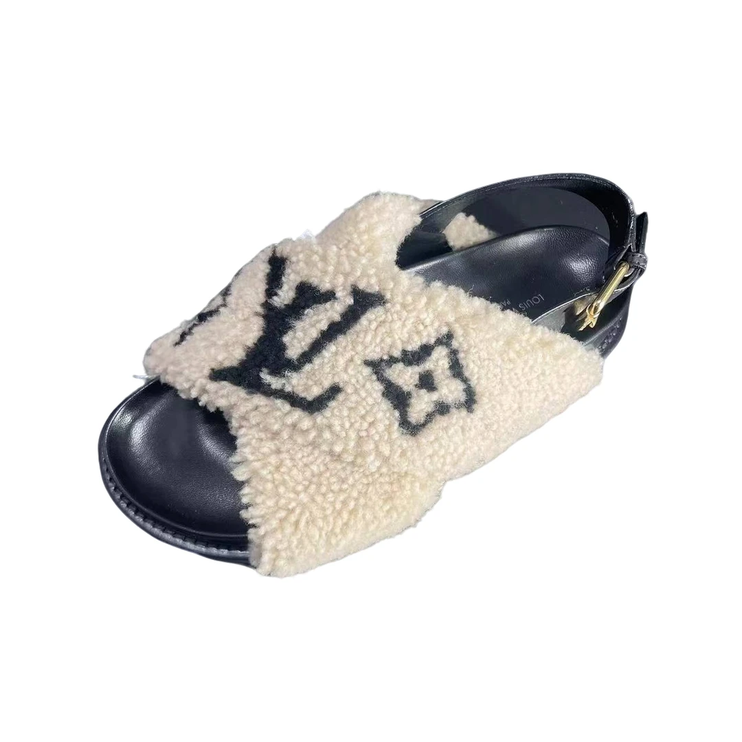 99新 LouisVuitton/路易威登 女士黑底米色绒布面后跟交叉带凉拖