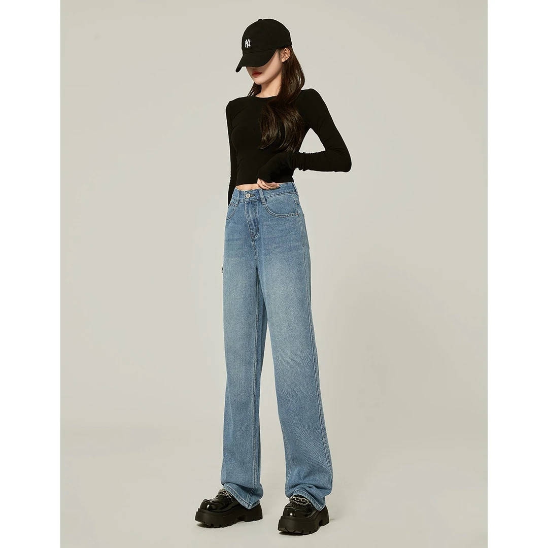 【高货断码清】窄版阔腿直筒牛仔裤女2025新款高腰显瘦小个子高个子