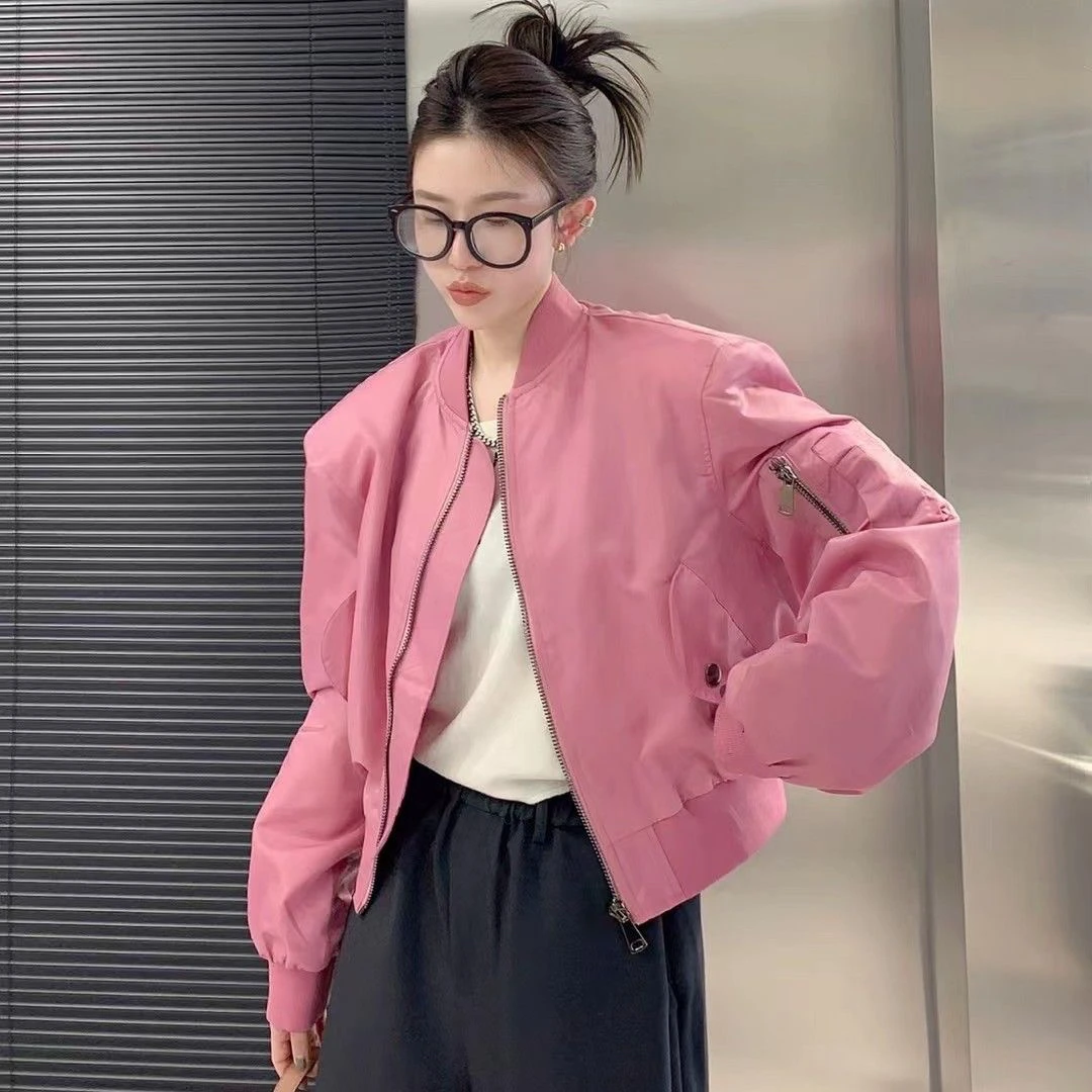 2025春秋季甜酷风口袋拼接短款外套女纯色洋气港味棒球衣服百搭