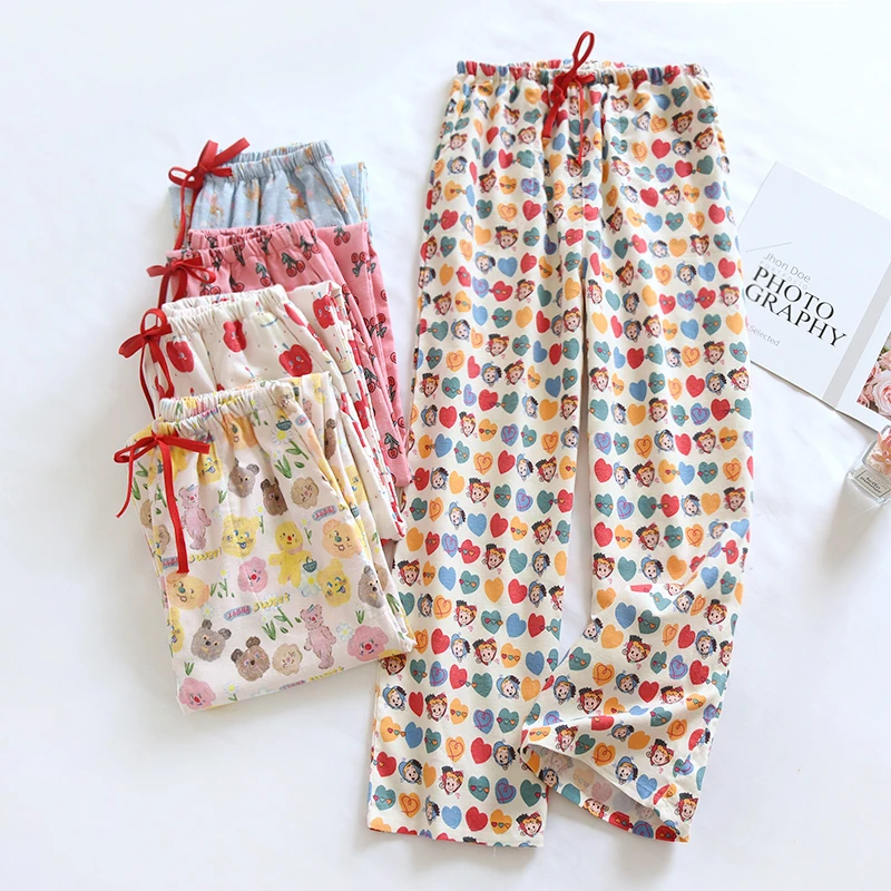 ins风全棉磨毛长裤春秋薄款夏纯棉睡裤休闲甜美可爱小清新家居裤