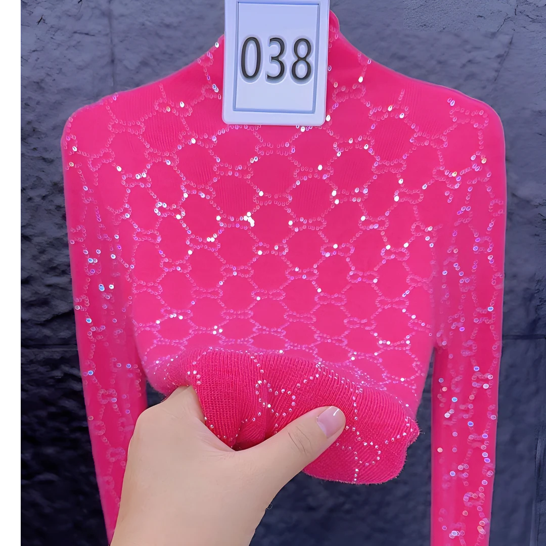 欧货烫钻设计感堆堆领打底针织衫女2024新款显瘦百搭长袖上衣　双ｃ