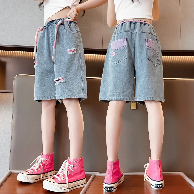 破洞大童外穿大量五分裤女童2024牛仔裤夏季薄款儿童洋气休闲女孩