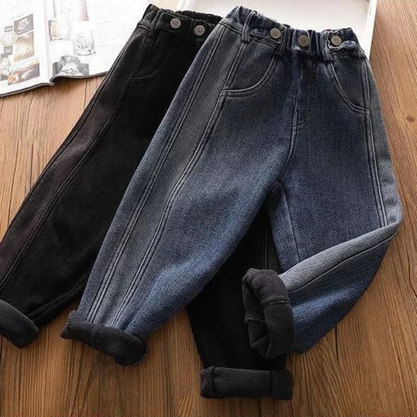 儿童一体绒牛仔裤宝宝洋气加厚萝卜裤男女童老爹裤保暖休闲裤秋冬