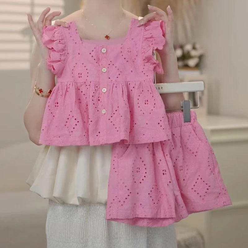 椰子夏款韩版女童套装花边洋气时髦飞袖上衣女宝宝宽松短裤两件套