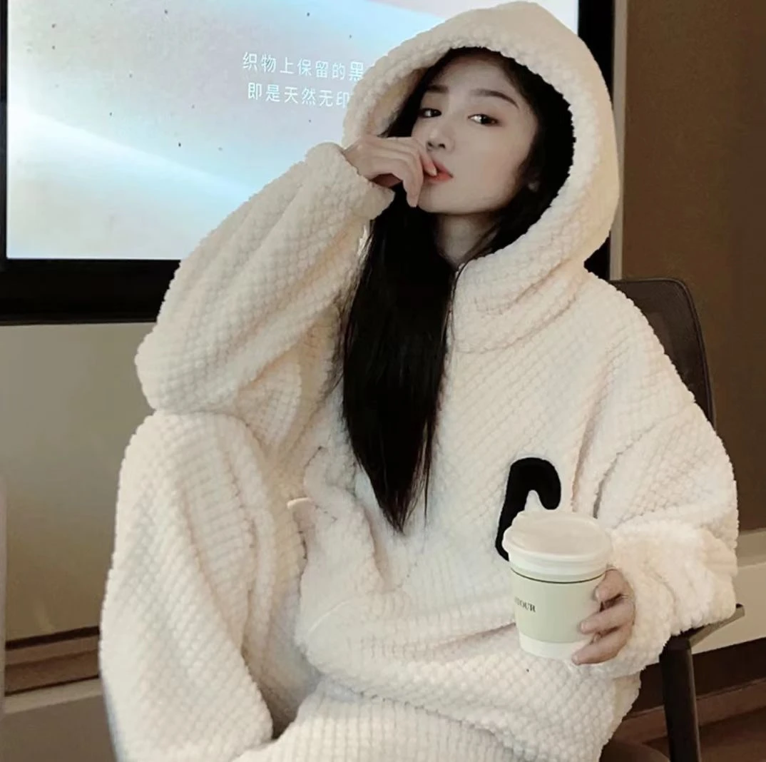 K009新款珊瑚绒睡衣女秋冬季加厚休闲运动带帽拉链款家居服套装