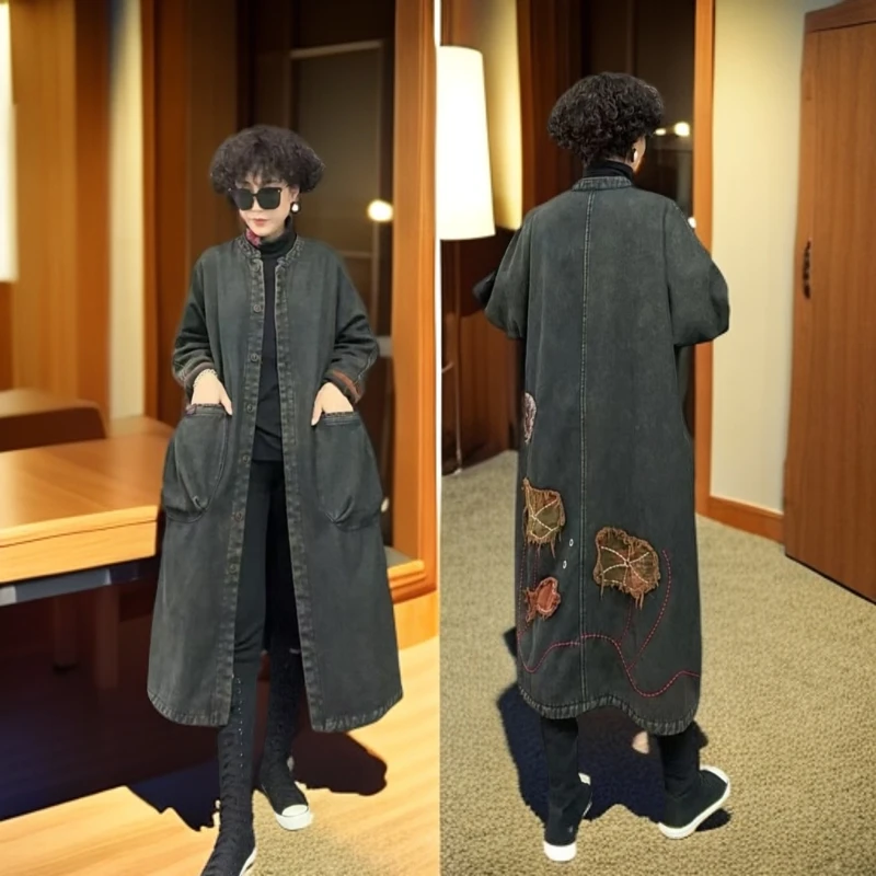 君姐【DK010】砂洗牛仔加绒圆领开衫荷塘月色民族风休闲风衣外套