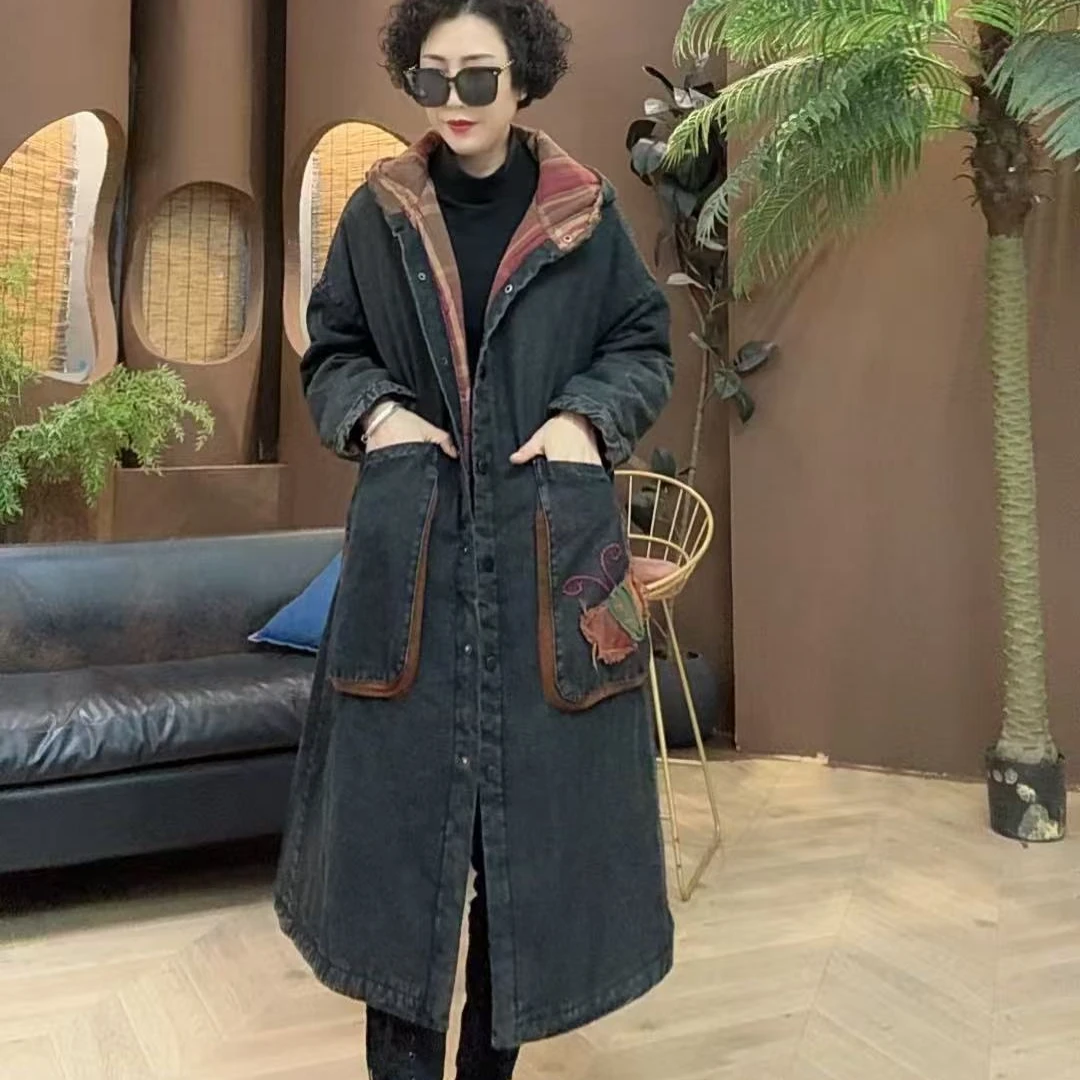 君姐宝藏衣厨[DK080]砂洗牛仔休闲宽松时尚口袋花加棉连帽风衣