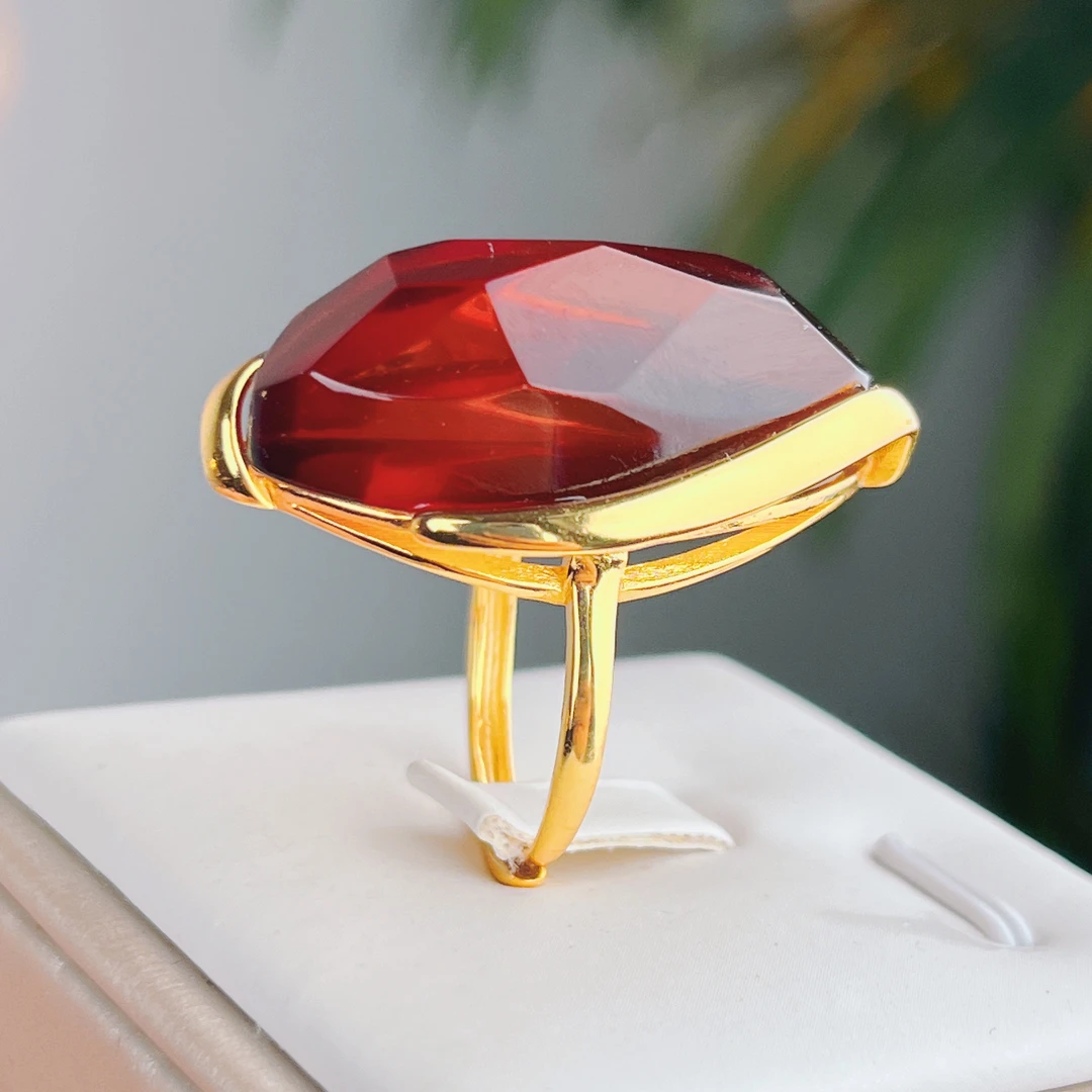 藏景阁珠宝天然缅甸血珀琥珀活口戒指戒圈国风复古手工镶嵌金色