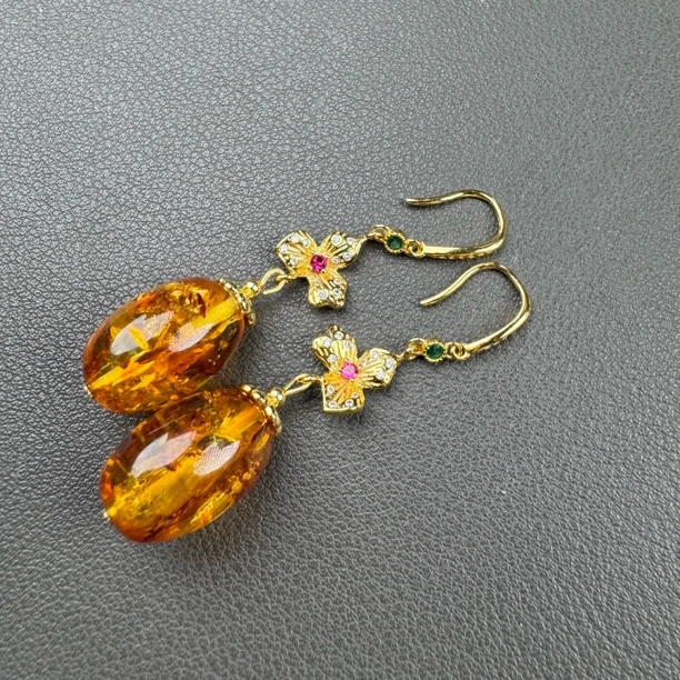 藏景阁珠宝-天然俄料花珀枣珠耳环耳坠典雅大气经典时尚耳饰